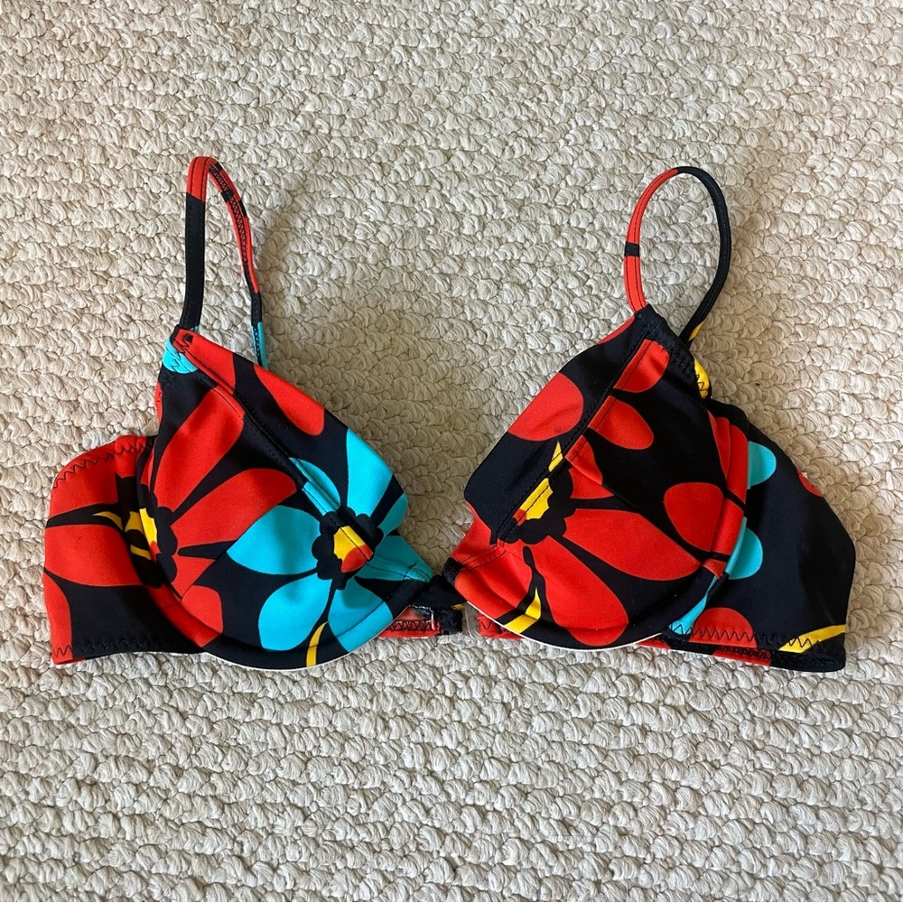 Floral Bikini Top with Red and Blue Accents